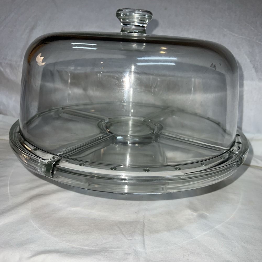 NIB Gallerie Glass Pedestal Cake‎ Plate W/ Dome Cover 4-in-1 Bowl, Divided Plate